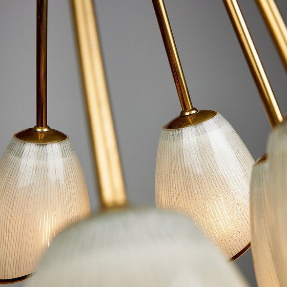 Image 1 of Vintage glass and brass chandelier, 1950