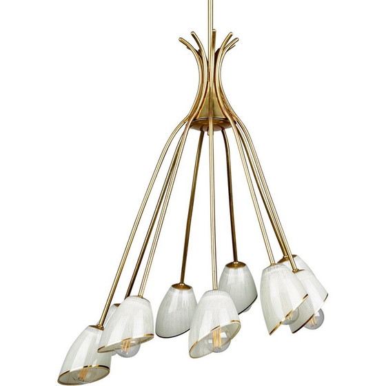 Image 1 of Vintage glass and brass chandelier, 1950
