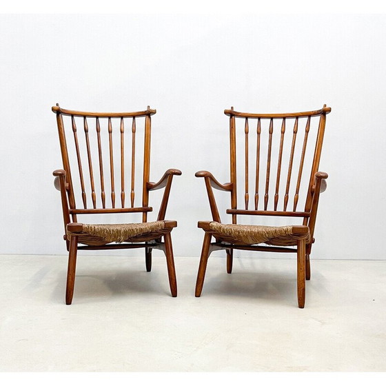 Image 1 of Pair of mid-century Scandinavian armchairs in wood and straw, 1960s