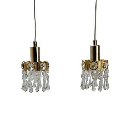 Two Gold Brass And Crystal Pendant Lights, By Palwa, Design 1960, Hollywood Regency.