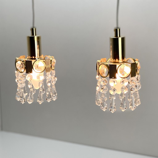 Two Gold Brass And Crystal Pendant Lights, By Palwa, Design 1960, Hollywood Regency.