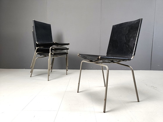 Image 1 of Black Leather Dining Chairs By Fabiaan Van Severen, 1990S