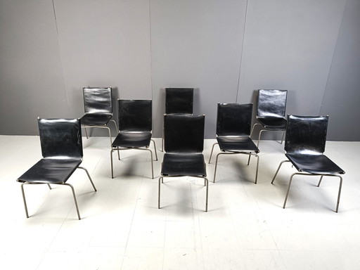 Black Leather Dining Chairs By Fabiaan Van Severen, 1990S