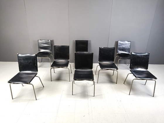 Image 1 of Chaises de salle à manger en cuir noir par Fabiaan Van Severen, 1990S