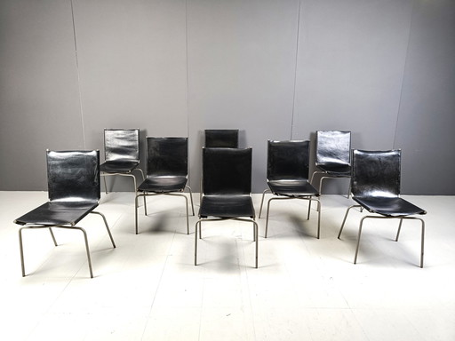 Black Leather Dining Chairs By Fabiaan Van Severen, 1990S