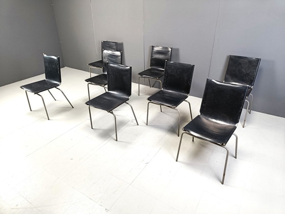 Image 1 of Chaises de salle à manger en cuir noir par Fabiaan Van Severen, 1990S