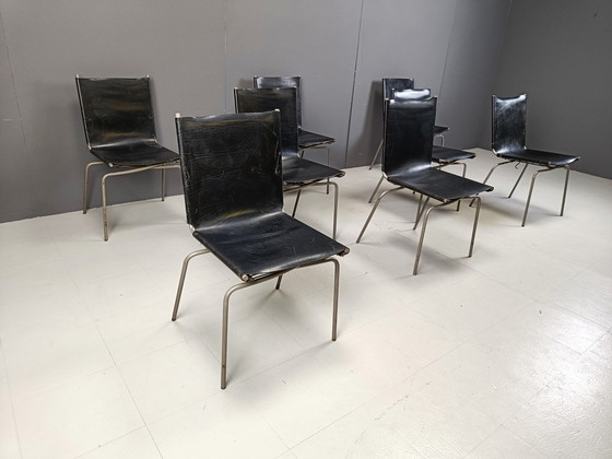 Image 1 of Chaises de salle à manger en cuir noir par Fabiaan Van Severen, 1990S