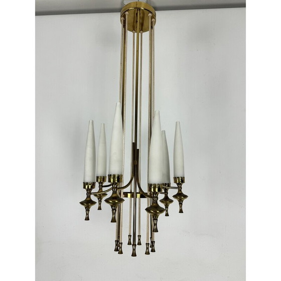 Image 1 of Set di 6 lampadari vintage in ottone e vetro opalino per Arredoluce Monza, Italia 1950