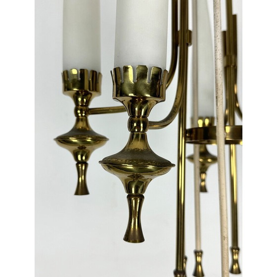 Image 1 of Set di 6 lampadari vintage in ottone e vetro opalino per Arredoluce Monza, Italia 1950