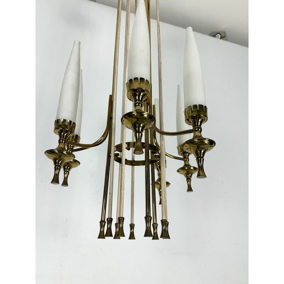 Image 1 of Set di 6 lampadari vintage in ottone e vetro opalino per Arredoluce Monza, Italia 1950