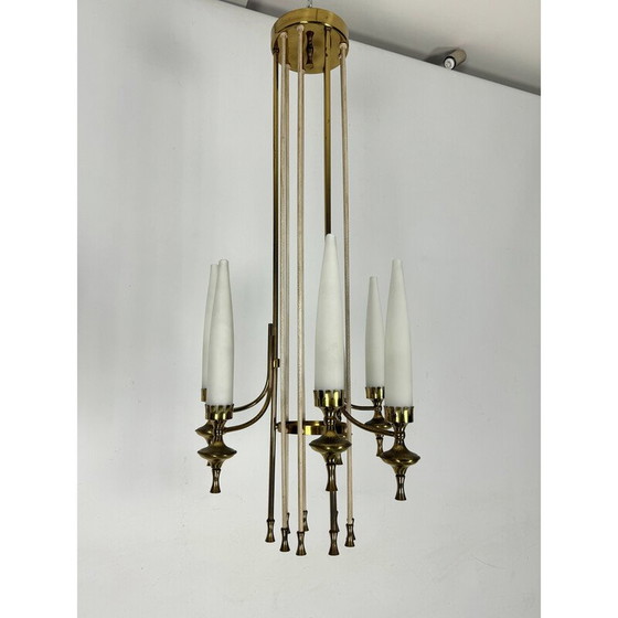 Image 1 of Set di 6 lampadari vintage in ottone e vetro opalino per Arredoluce Monza, Italia 1950