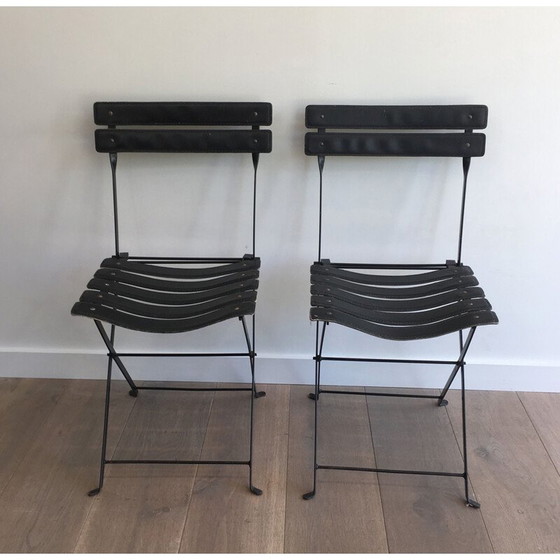 Image 1 of Pair of vintage Black Leather and Metal 1950's Chairs