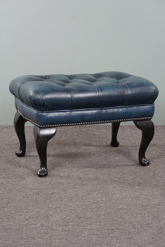 Image 1 of Cowhide leather chesterfield ottoman jeans blue