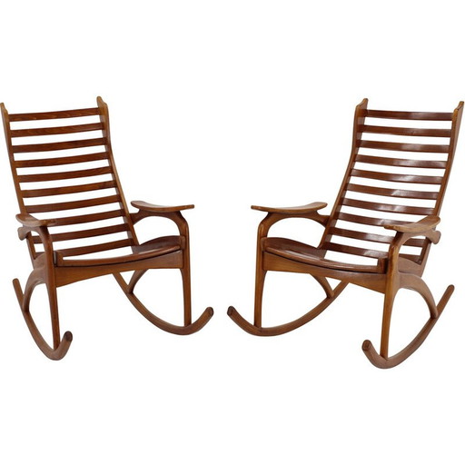 Pair of vintage beechwood rocking chairs by Uluv, Czechoslovakia 1960s