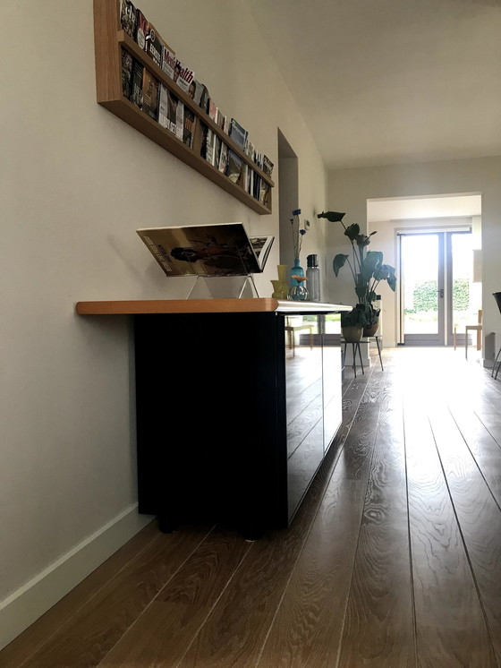 Image 1 of Design Sideboard Black High Gloss With Sloping Cherry Wood Top