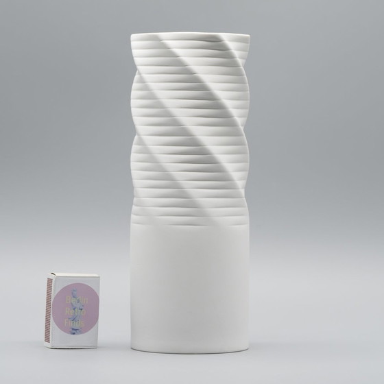 Image 1 of Hutschenreuther Bisque Porcelain Vase Duo Fine White Abstract Op-Art Relief Mcm