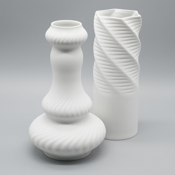 Image 1 of Hutschenreuther Bisque Porcelain Vase Duo Fine White Abstract Op-Art Relief Mcm