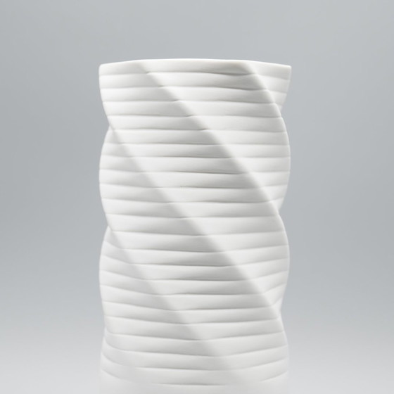 Image 1 of Hutschenreuther Bisque Porcelain Vase Duo Fine White Abstract Op-Art Relief Mcm