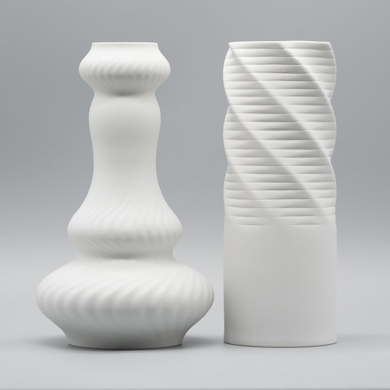 Image 1 of Hutschenreuther Bisque Porcelain Vase Duo Fine White Abstract Op-Art Relief Mcm