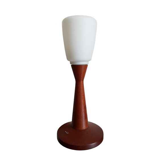 Image 1 of Lampe de table moderne scandinave en teck et verre au lait