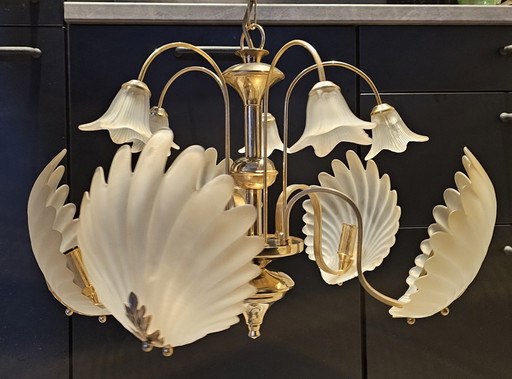 Brass Chandelier With Frosted Glass Shells And Chalices