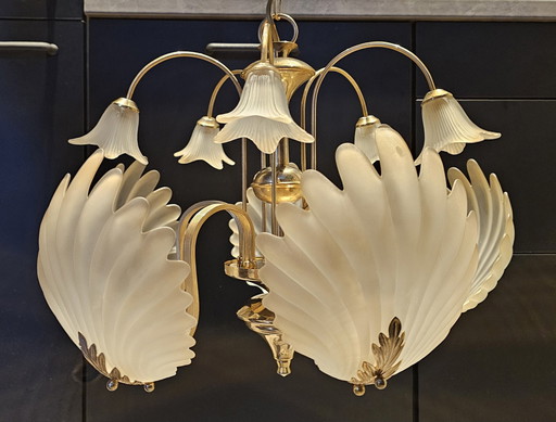 Brass Chandelier With Frosted Glass Shells And Chalices