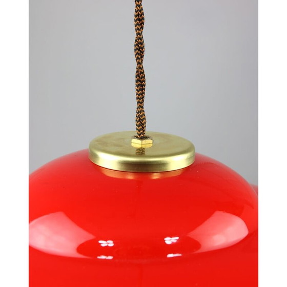 Image 1 of Mid-century red glass and brass Saucer pendant lamp