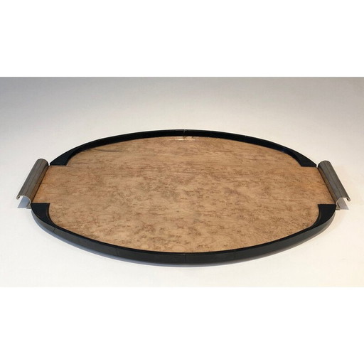 Vintage art deco tray in sycamore, ebonized wood and chromed metal, France 1930