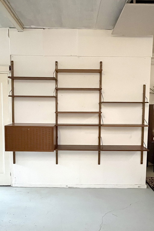 Poul Cadovius Wall System; 1 Cabinet, 4 Uprights And 10 Shelves