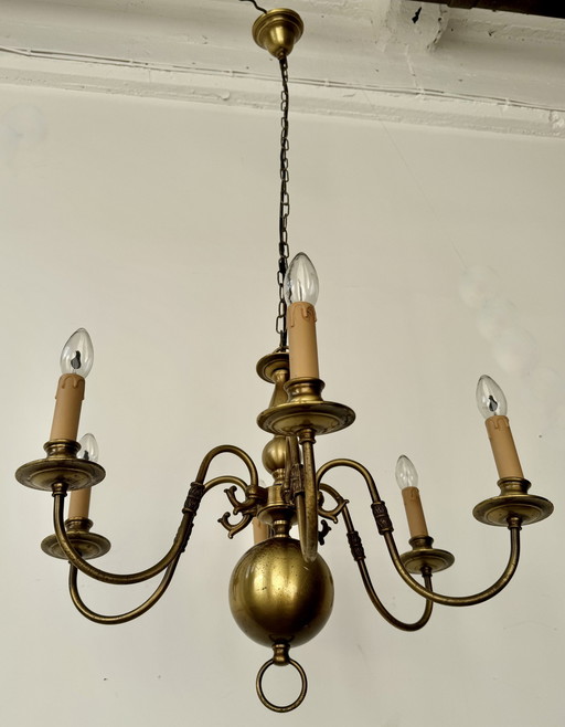 Vintage 6-Arm Brass Dutch Chandelier