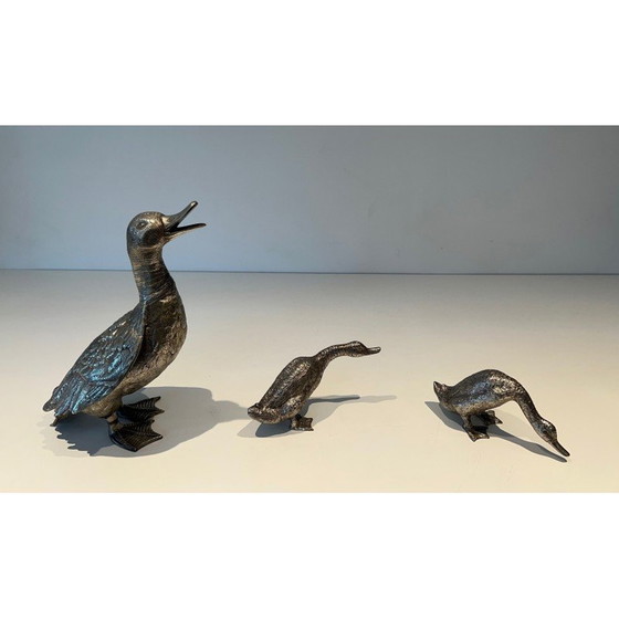 Image 1 of Set of 3 vintage silver-plated bronze ducks, 1970
