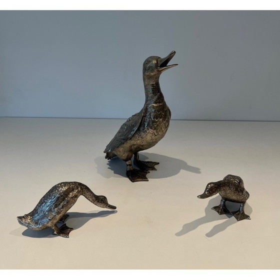 Image 1 of Set of 3 vintage silver-plated bronze ducks, 1970