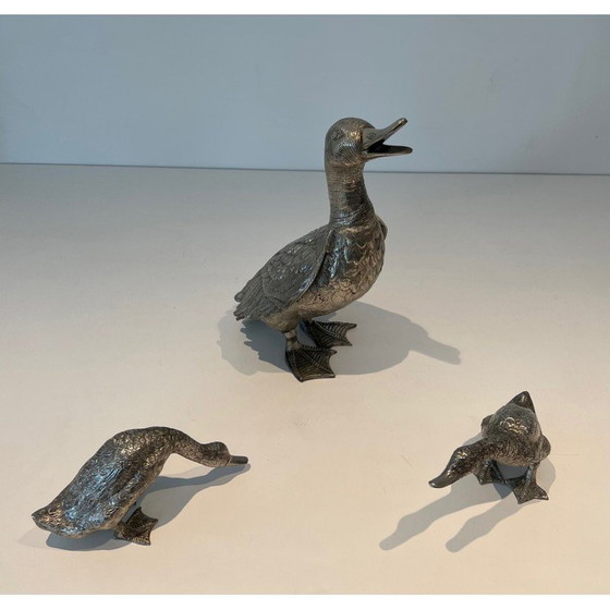 Image 1 of Set of 3 vintage silver-plated bronze ducks, 1970