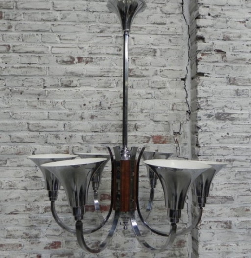 Large Art Deco hanging lamp with 6 chromed vials