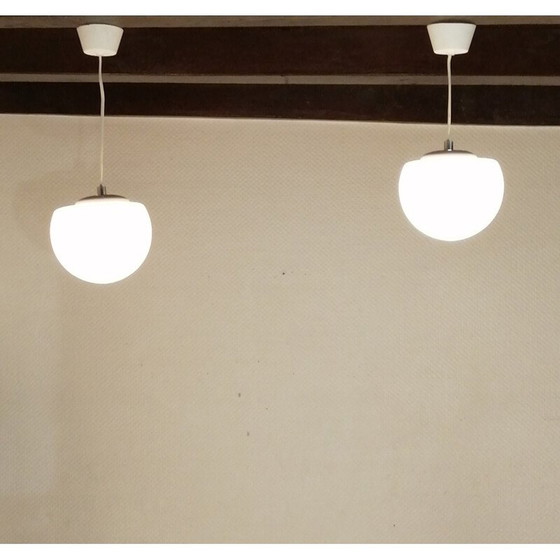 Image 1 of Pair of vintage ''demi sphère'' opaline pendant lamp, 1960