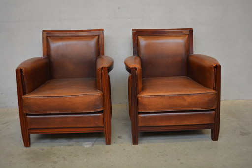 2 X Sheep Leather Armchairs In Art-Deco Style