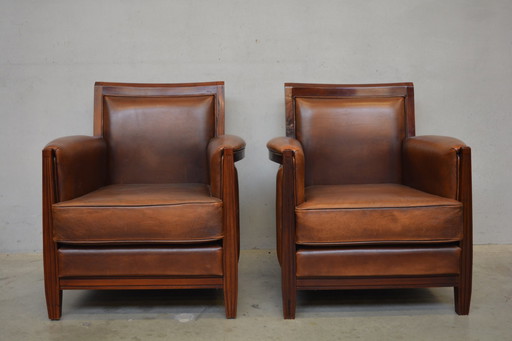 2 X Sheep Leather Armchairs In Art-Deco Style