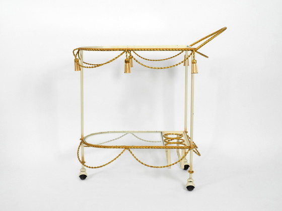 Image 1 of Very rare italian Mid Century Modern Bar Cart made of metal in beige and gold with glass elements