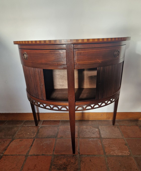 Image 1 of Old Half Moon Rolling Door Cabinet, Wall Table With Rolling Doors And 2 Drawers, side table