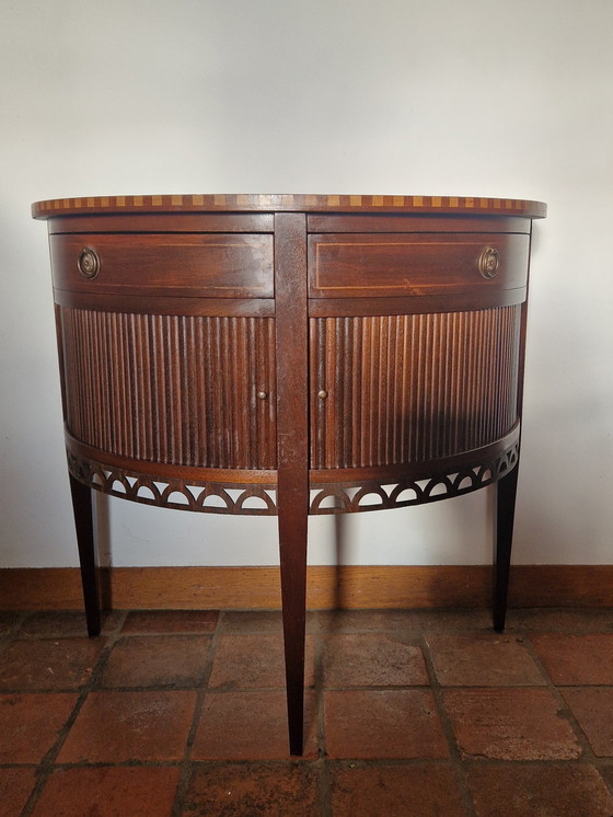 Image 1 of Old Half Moon Rolling Door Cabinet, Wall Table With Rolling Doors And 2 Drawers, side table