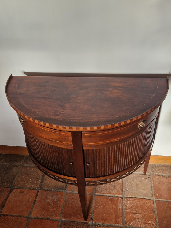 Image 1 of Old Half Moon Rolling Door Cabinet, Wall Table With Rolling Doors And 2 Drawers, side table