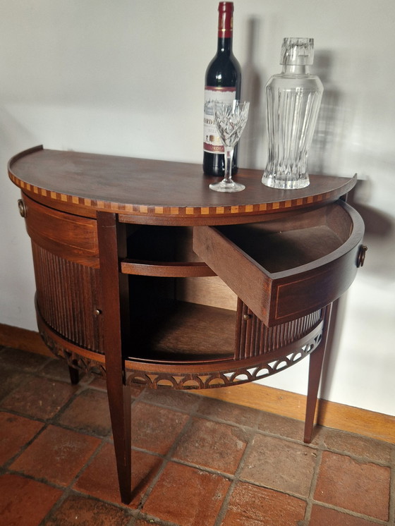 Image 1 of Old Half Moon Rolling Door Cabinet, Wall Table With Rolling Doors And 2 Drawers, side table