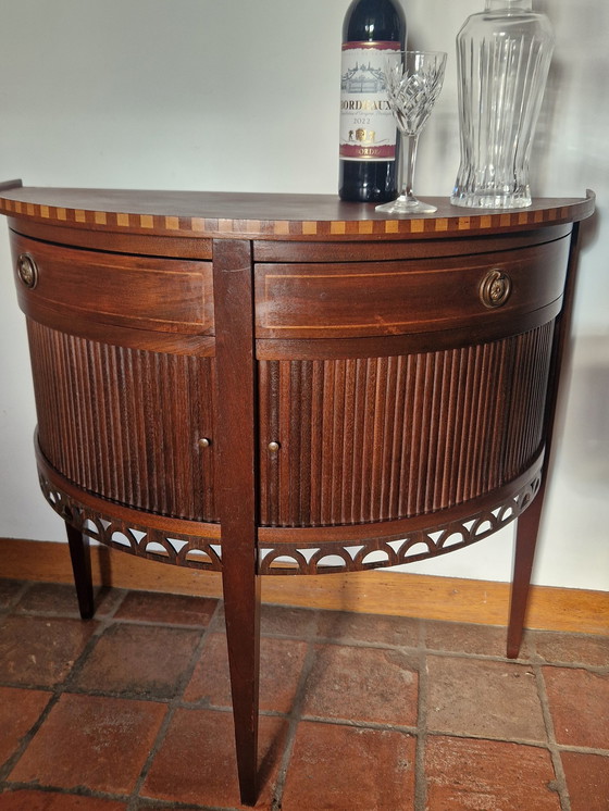 Image 1 of Old Half Moon Rolling Door Cabinet, Wall Table With Rolling Doors And 2 Drawers, side table