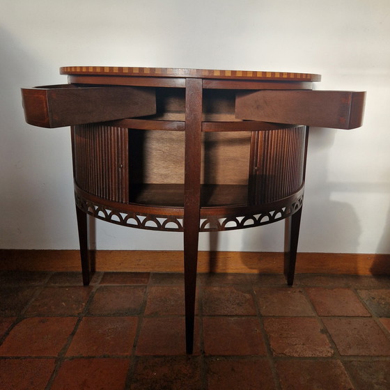 Image 1 of Old Half Moon Rolling Door Cabinet, Wall Table With Rolling Doors And 2 Drawers, side table