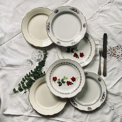 Lot De 6 Assiettes Plates Antiques En Faïence Modèle Dépareillé Manufactures Française De Digoin, Sarreguemines