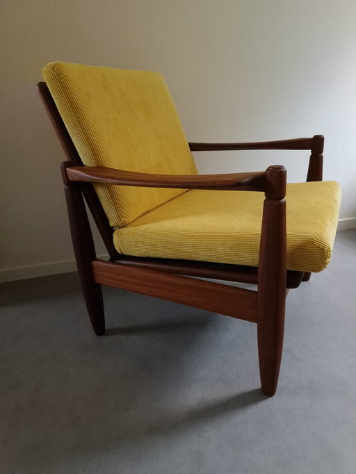 Vintage armchair yellow rib fabric upholstered