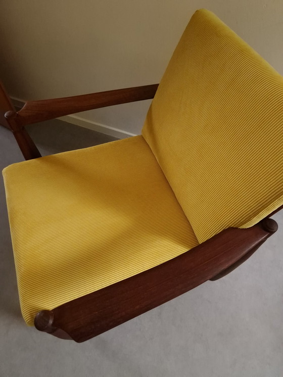Image 1 of Vintage armchair yellow rib fabric upholstered