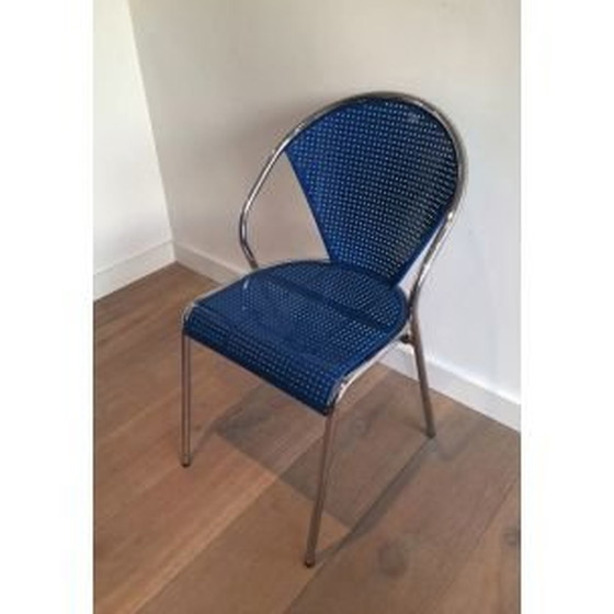 Image 1 of Set of 4 vintage chairs in chrome with perforated blue metal 1980s