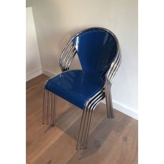 Image 1 of Set of 4 vintage chairs in chrome with perforated blue metal 1980s