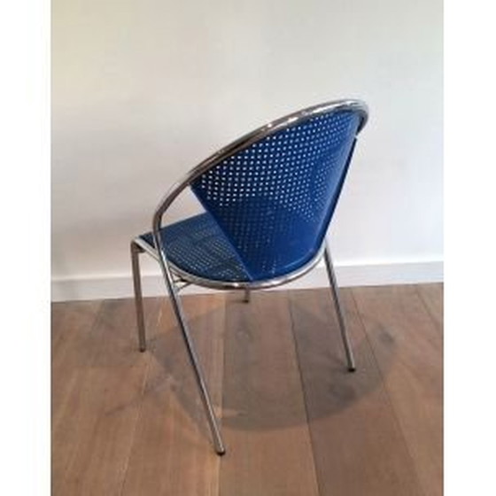 Image 1 of Set of 4 vintage chairs in chrome with perforated blue metal 1980s